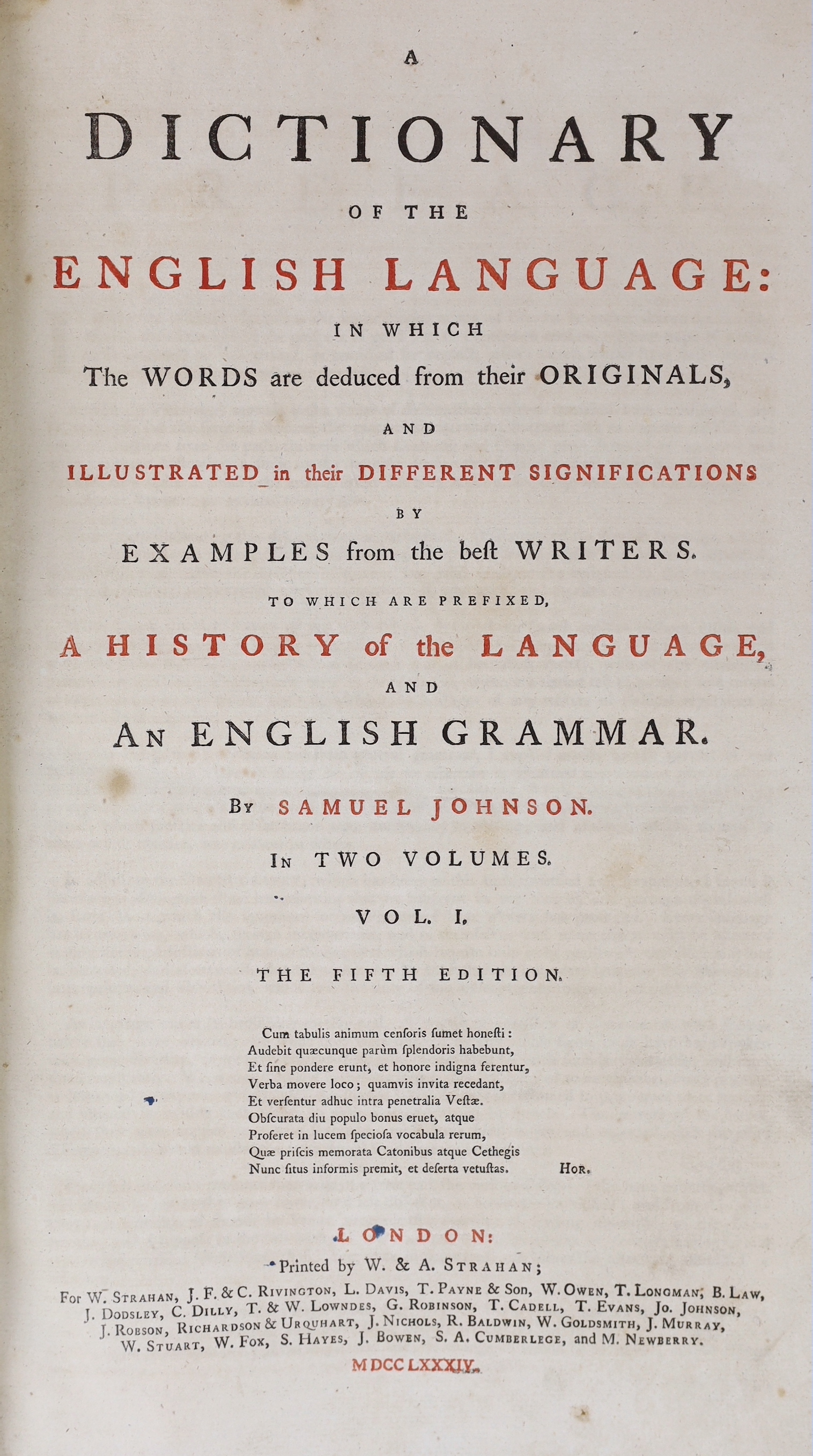 Johnson, Samuel - A Dictionary of the English Language ... To which are prefixed, a History of the Language, and an English Grammar ... 5th edition, 2 vols. titles in red and black; contemp. tree calf